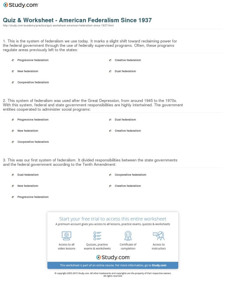 Quiz  Worksheet  American Federalism Since 1937  Study