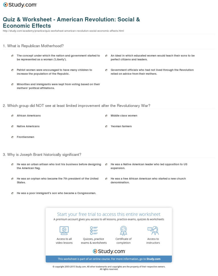 Quiz  Worksheet  American Revolution Social  Economic