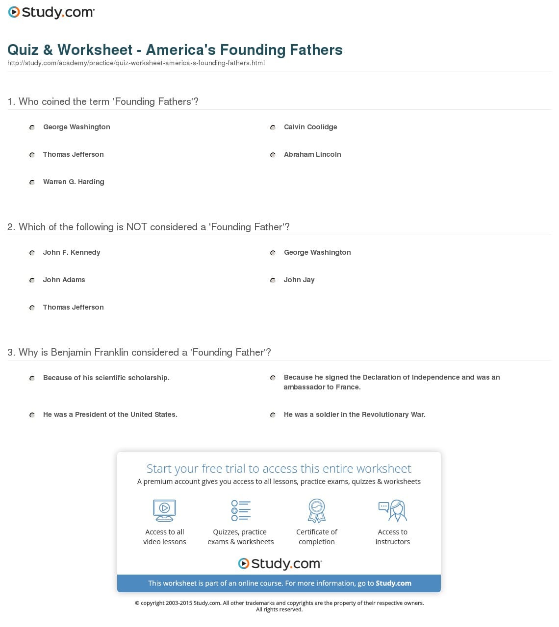 Quiz  Worksheet  America's Founding Fathers  Study