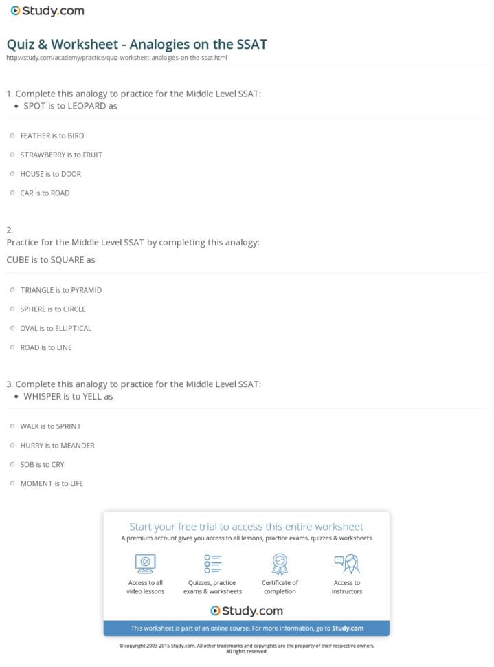 Quiz  Worksheet  Analogies On The Ssat  Study