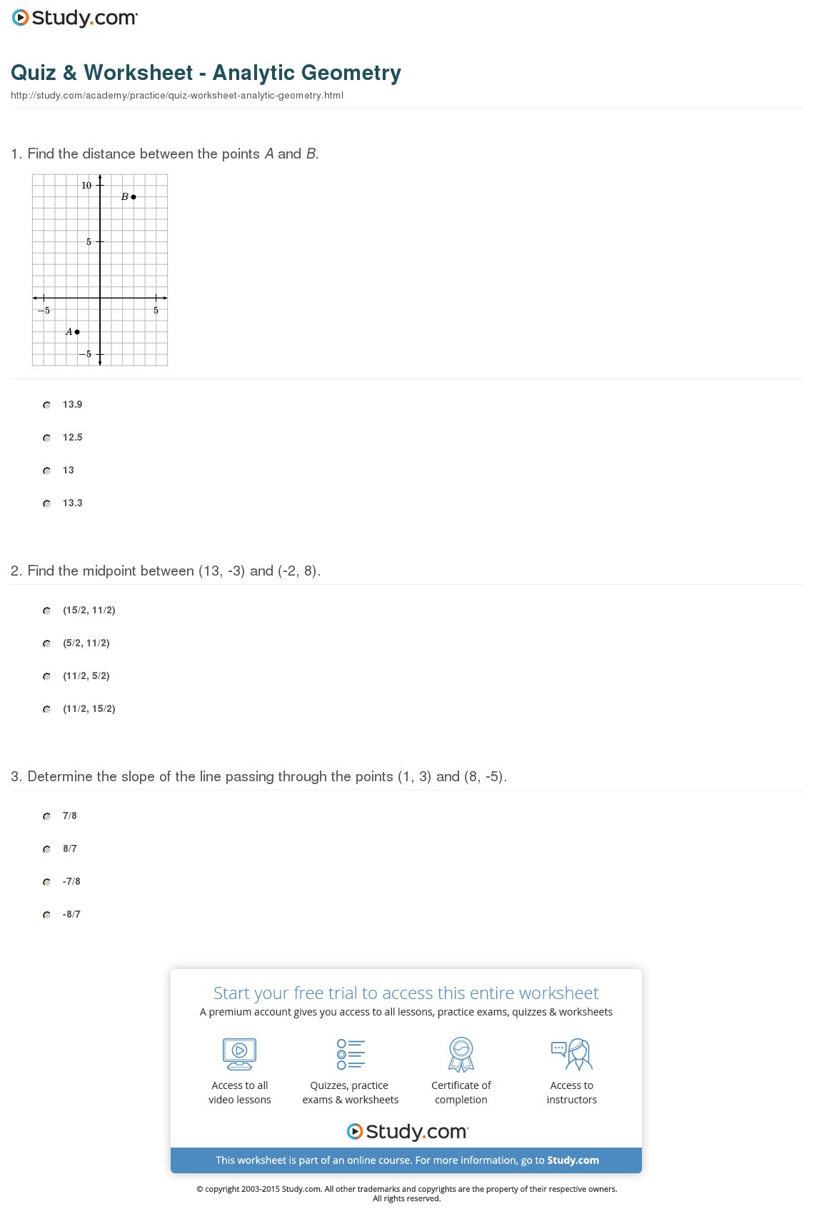 Quiz  Worksheet  Analytic Geometry  Study