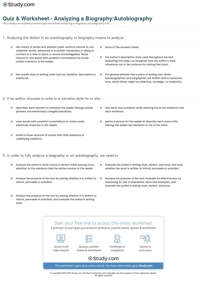 Quiz  Worksheet  Analyzing A Biographyautobiography
