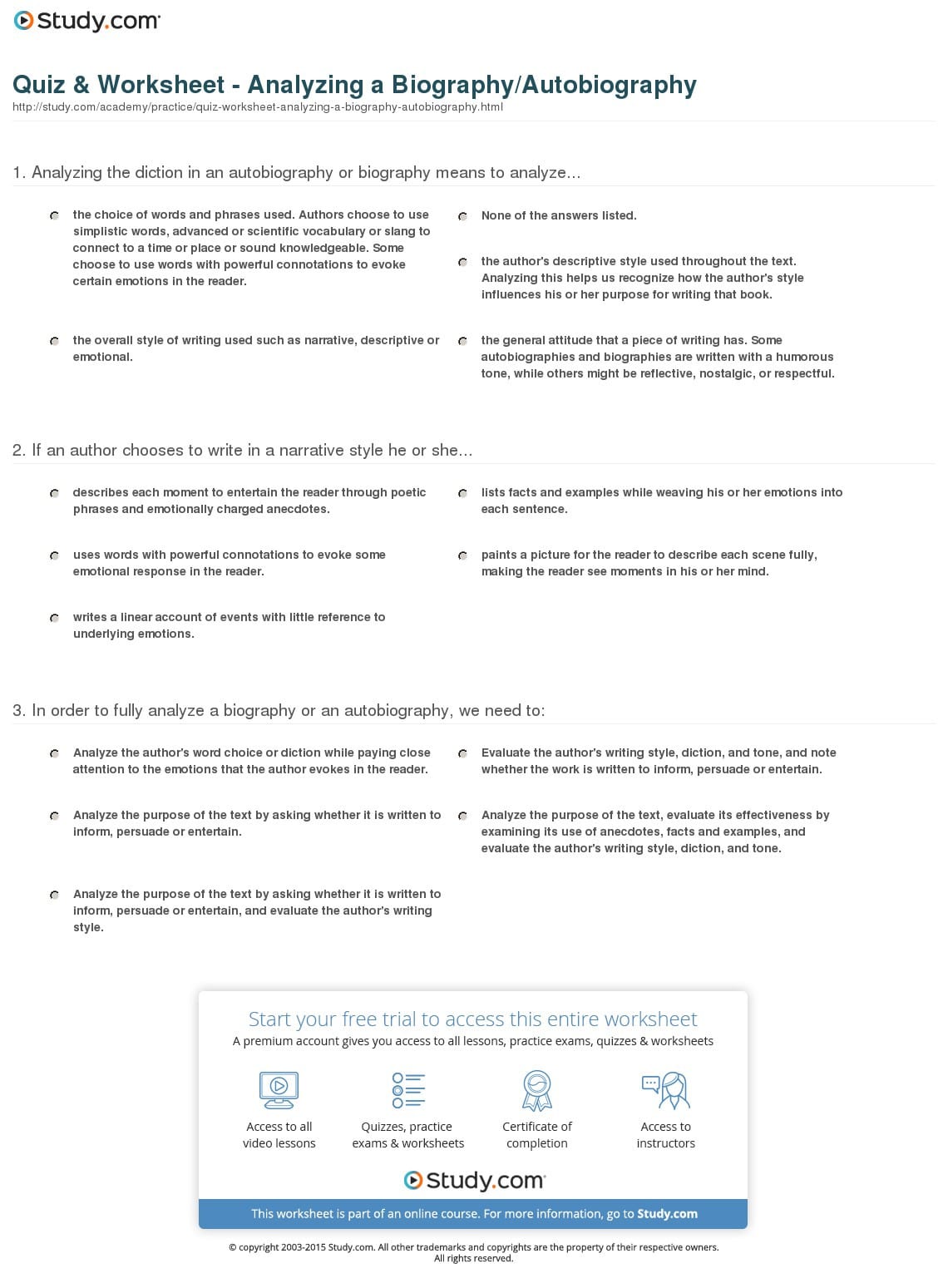 Quiz Worksheet Analyzing A Biographyautobiography —