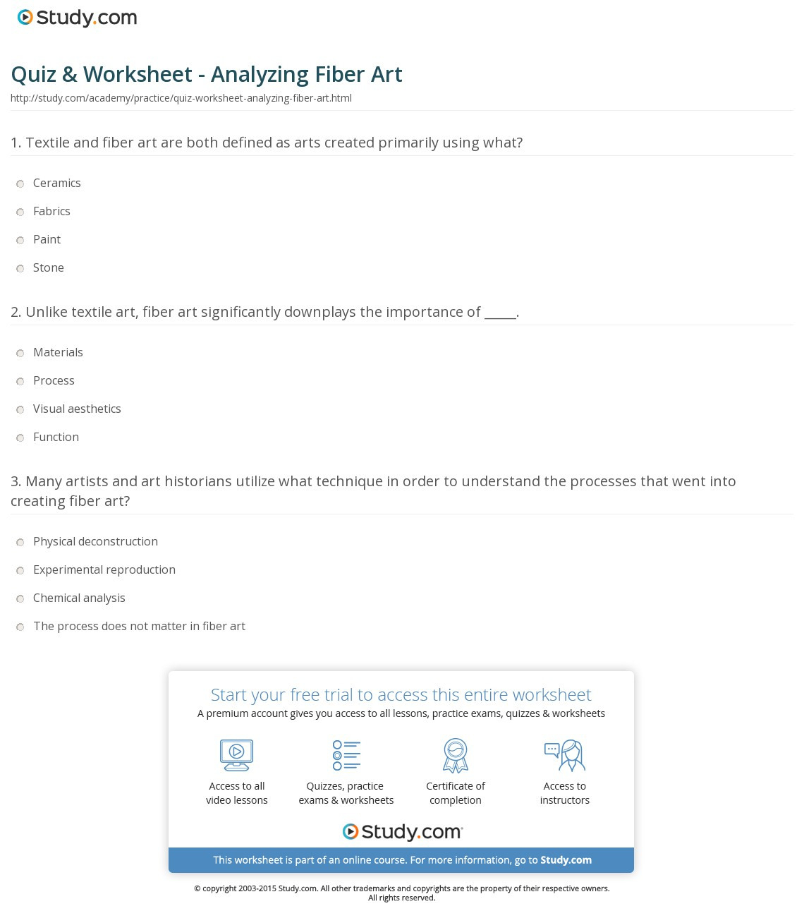 Quiz  Worksheet  Analyzing Fiber Art  Study