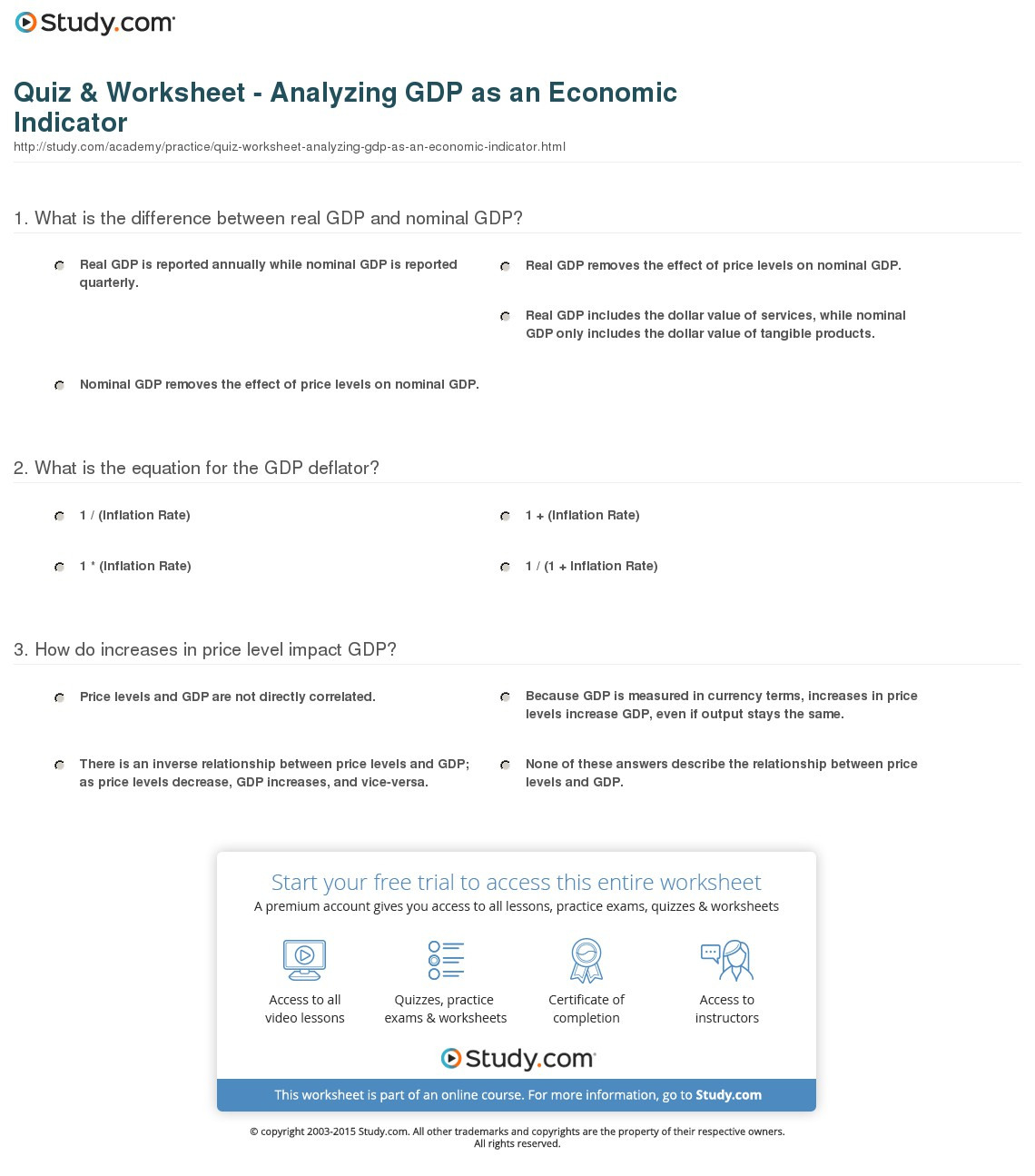 Quiz  Worksheet  Analyzing Gdp As An Economic Indicator