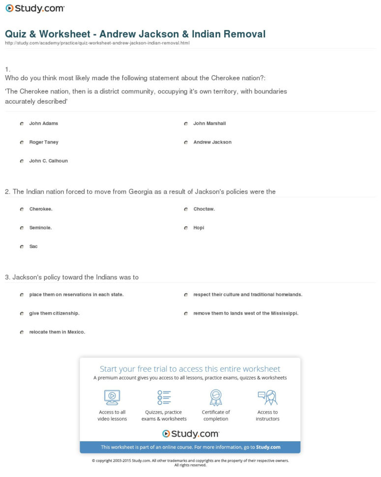 Quiz  Worksheet  Andrew Jackson  Indian Removal  Study