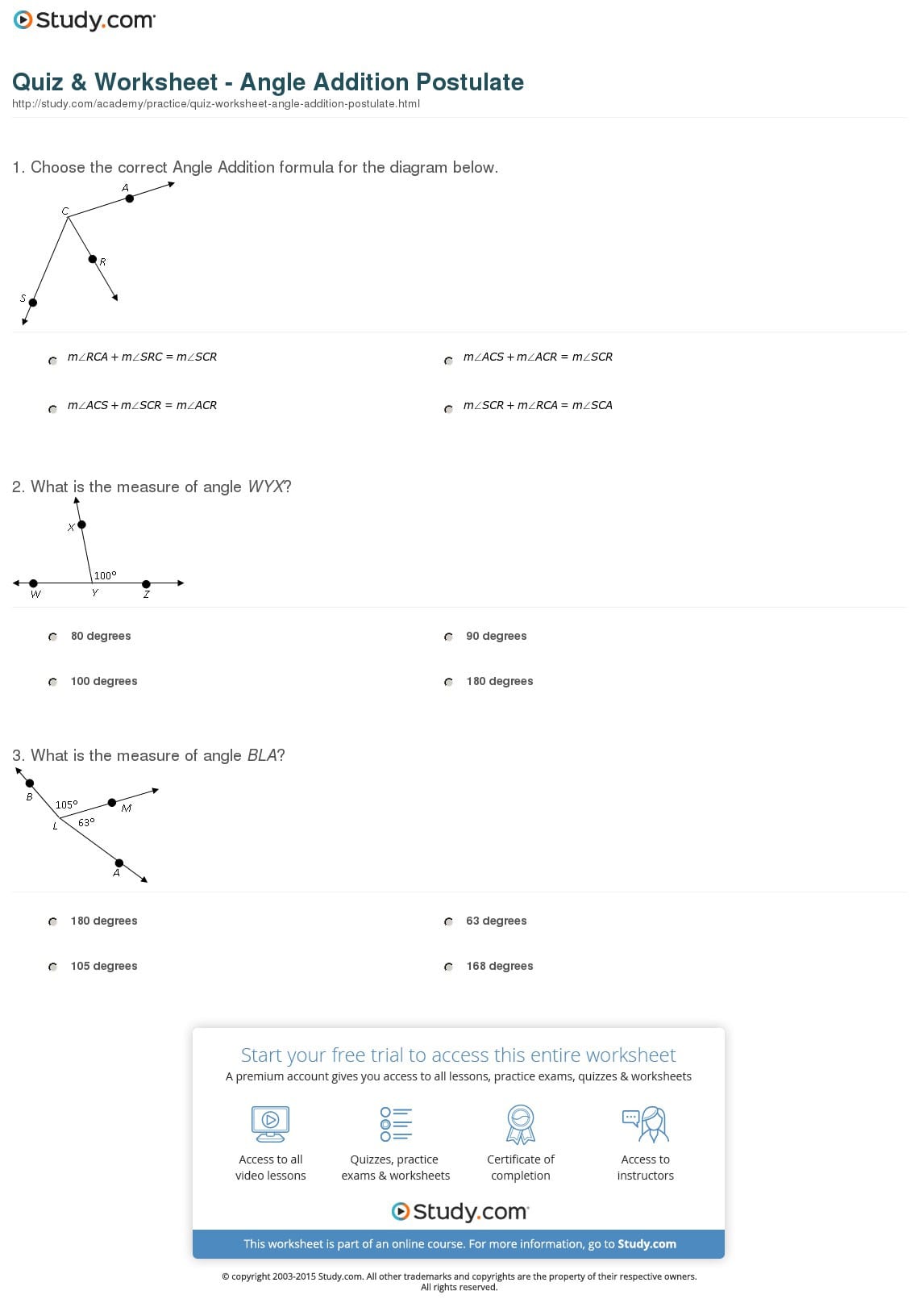 Quiz  Worksheet  Angle Addition Postulate  Study
