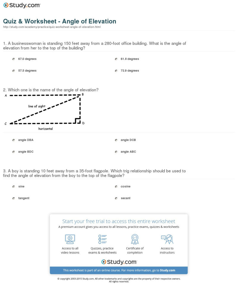 Quiz  Worksheet  Angle Of Elevation  Study