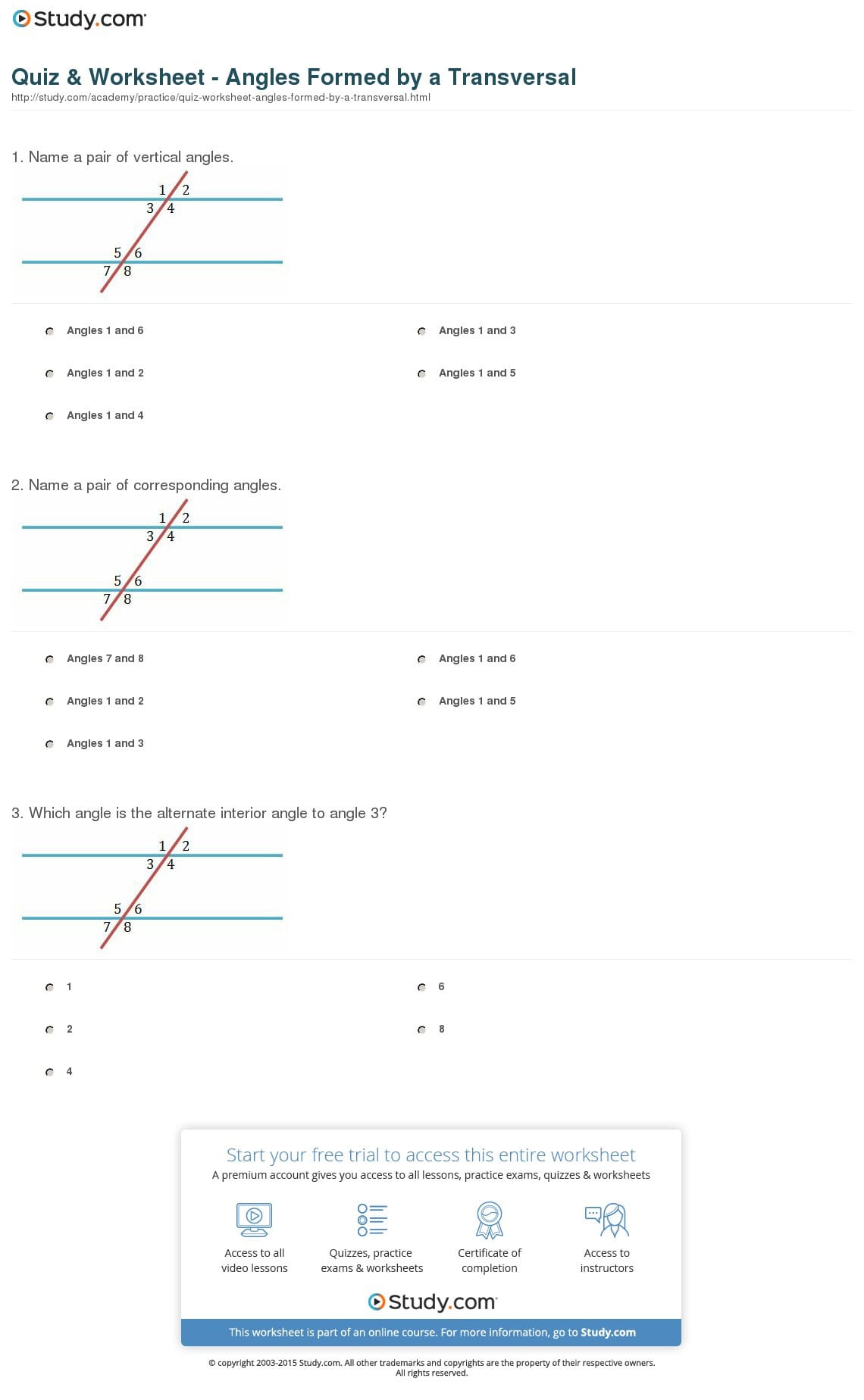 Quiz  Worksheet  Angles Formeda Transversal  Study