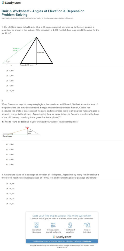 Quiz  Worksheet  Angles Of Elevation  Depression Problem