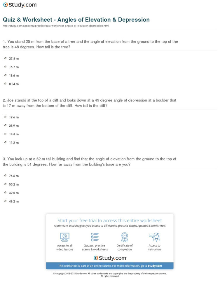 Quiz  Worksheet  Angles Of Elevation  Depression  Study