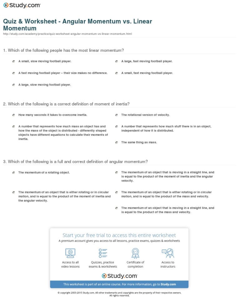 Quiz  Worksheet  Angular Momentum Vs Linear Momentum