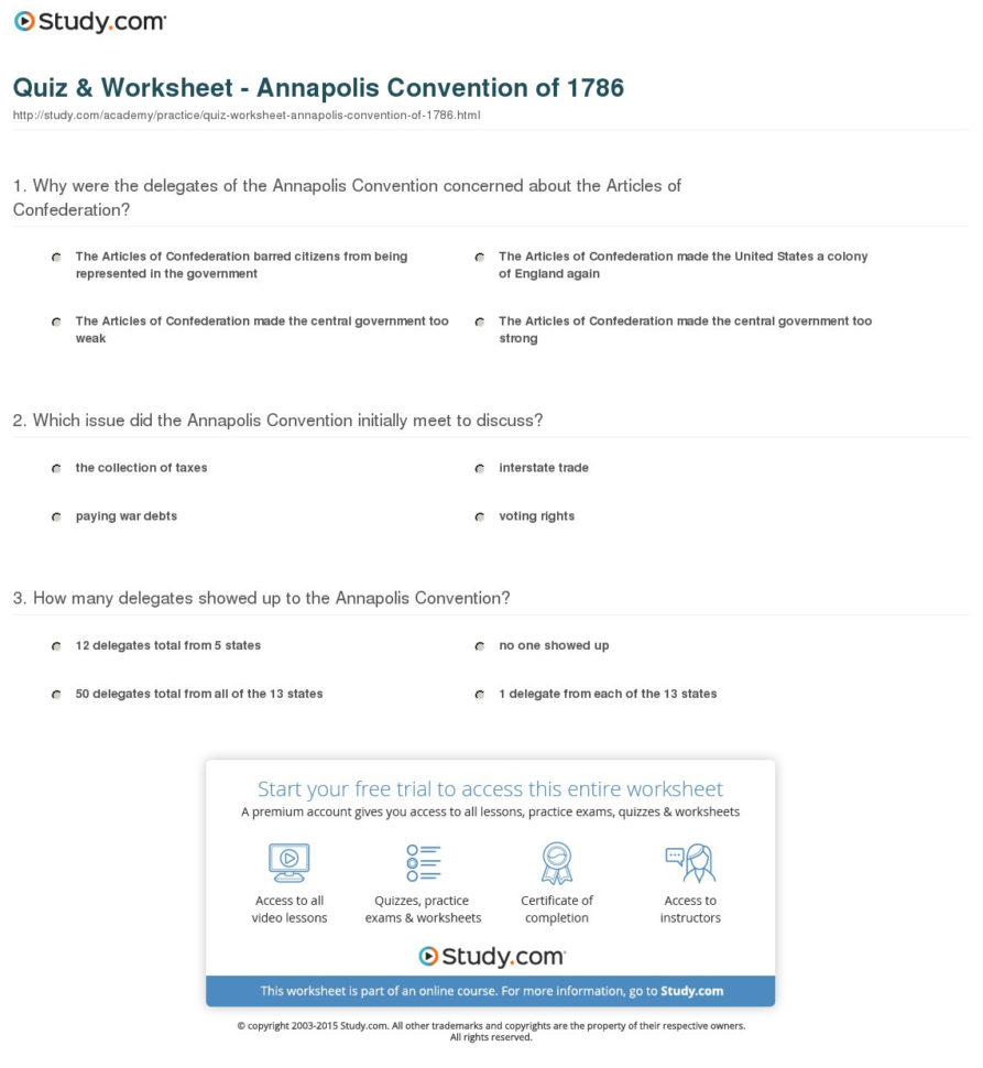 Quiz  Worksheet  Annapolis Convention Of 1786  Study