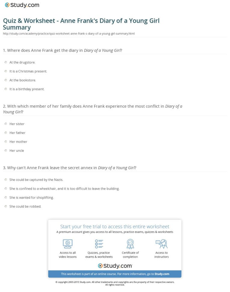Quiz  Worksheet  Anne Frank's Diary Of A Young Girl Quiz  Worksheet  Anne Frank's Diary Of A Young Girl