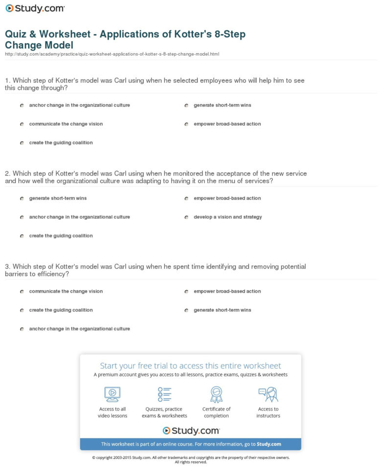 Quiz  Worksheet  Applications Of Kotter's 8Step Change