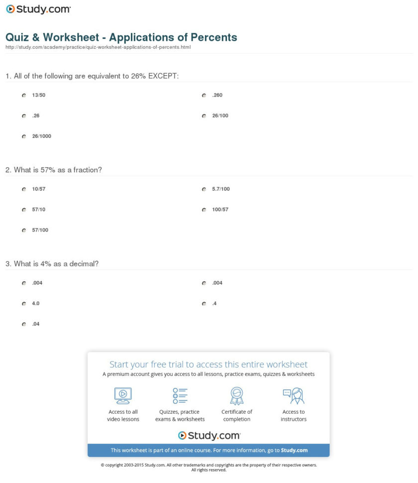 Quiz  Worksheet  Applications Of Percents  Study