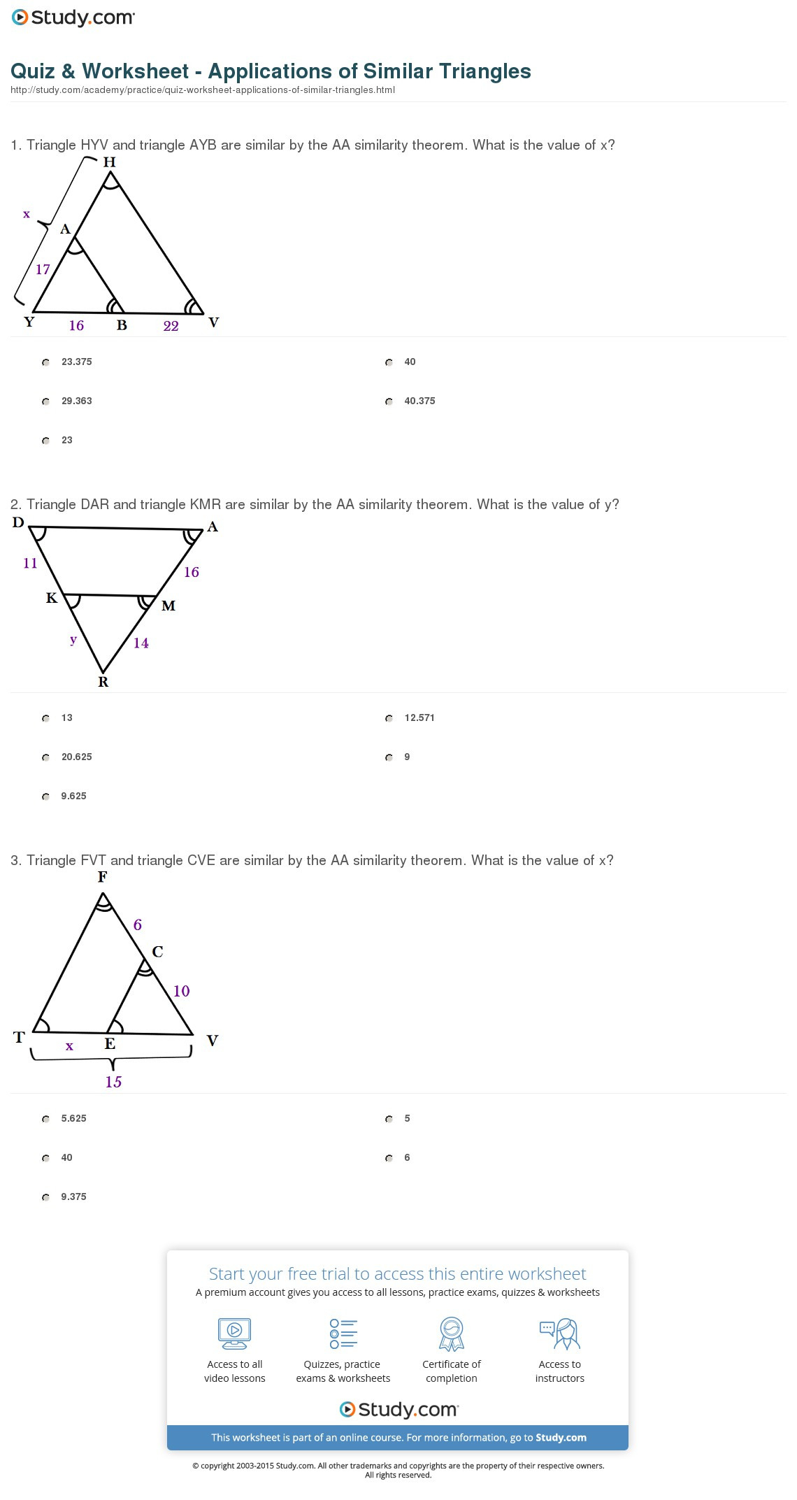 Quiz  Worksheet  Applications Of Similar Triangles  Study