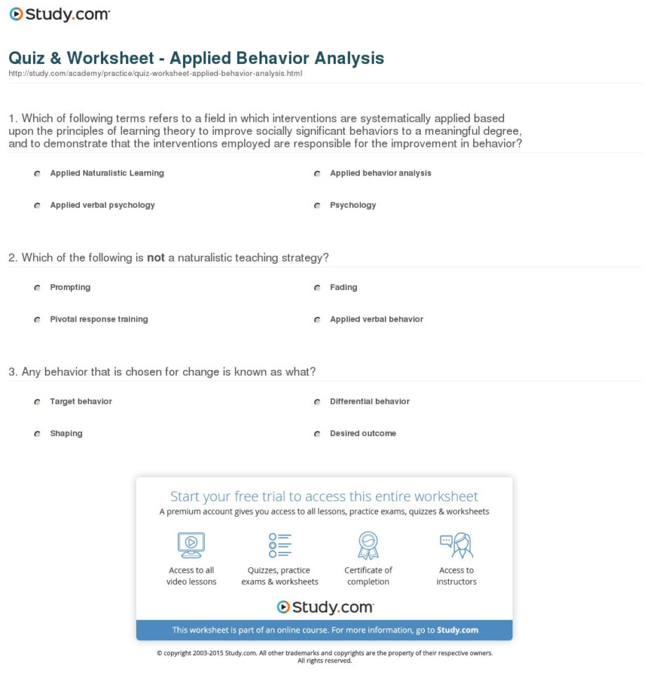 Quiz  Worksheet  Applied Behavior Analysis  Study