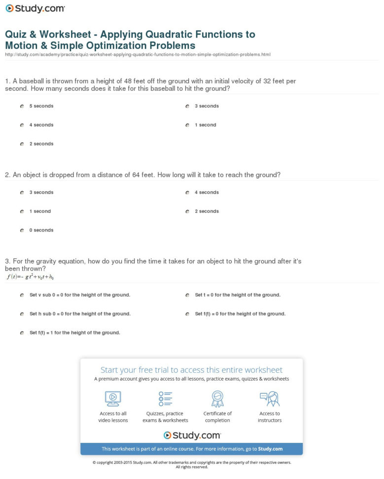 Quiz  Worksheet  Applying Quadratic Functions To Motion