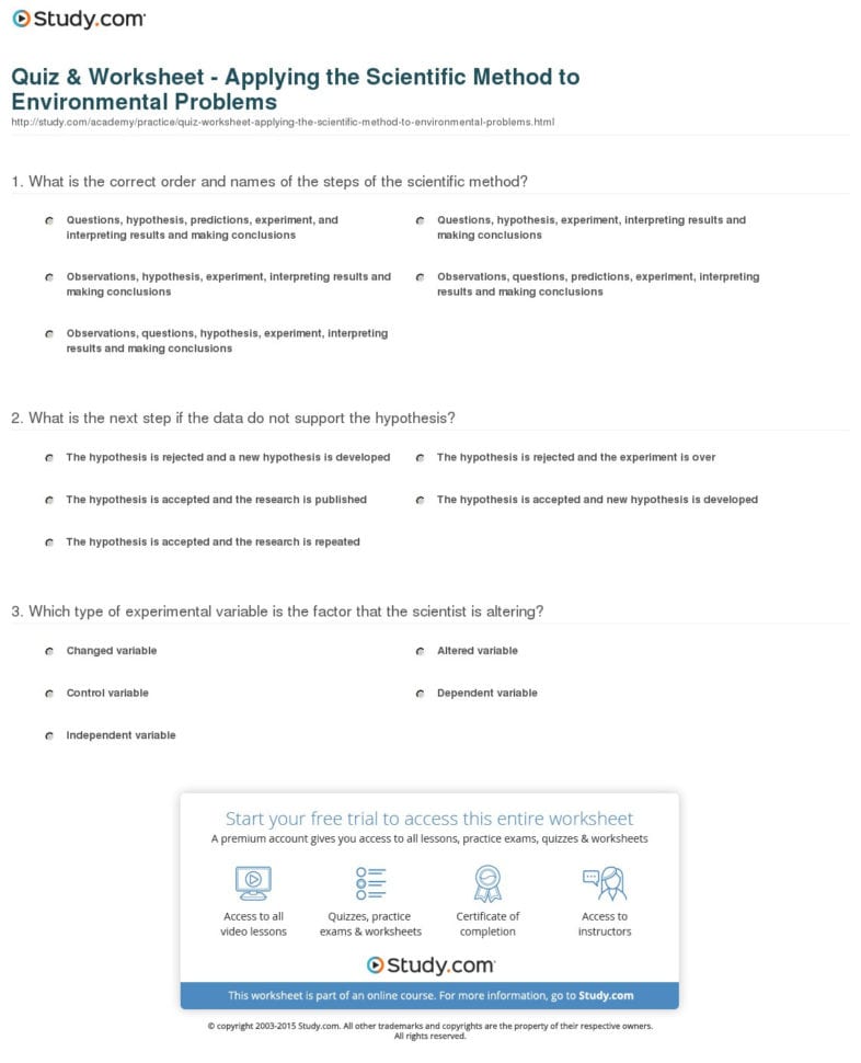 Quiz  Worksheet  Applying The Scientific Method To
