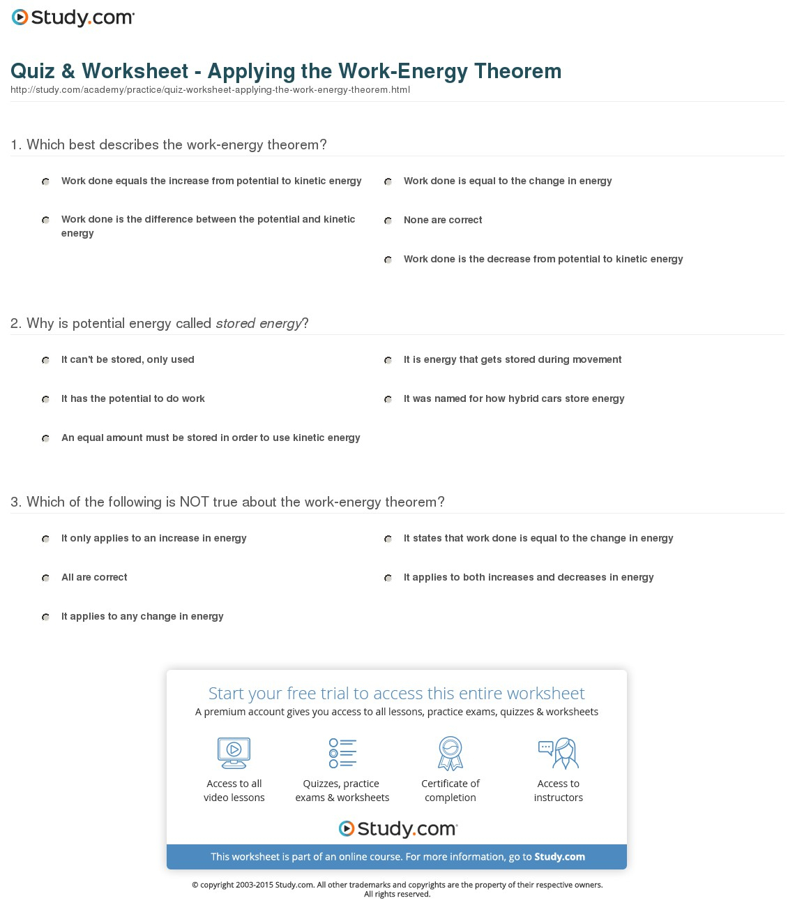 Quiz  Worksheet  Applying The Workenergy Theorem  Study