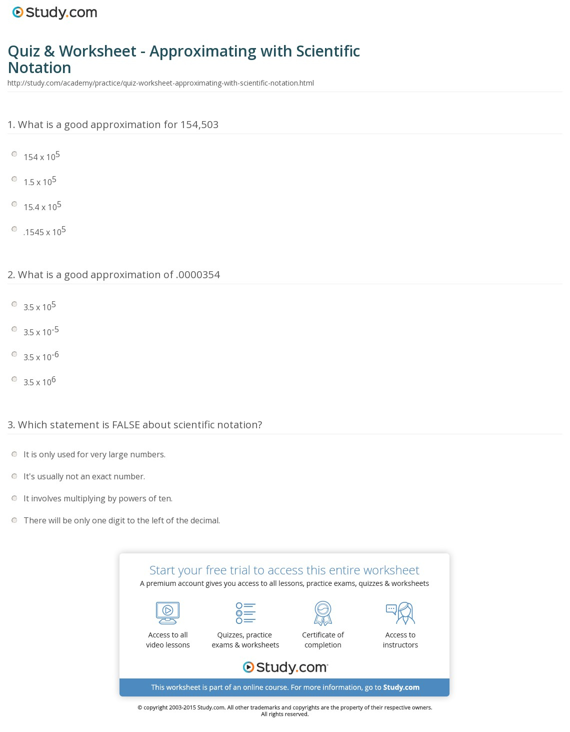 Quiz  Worksheet  Approximating With Scientific Notation  Study