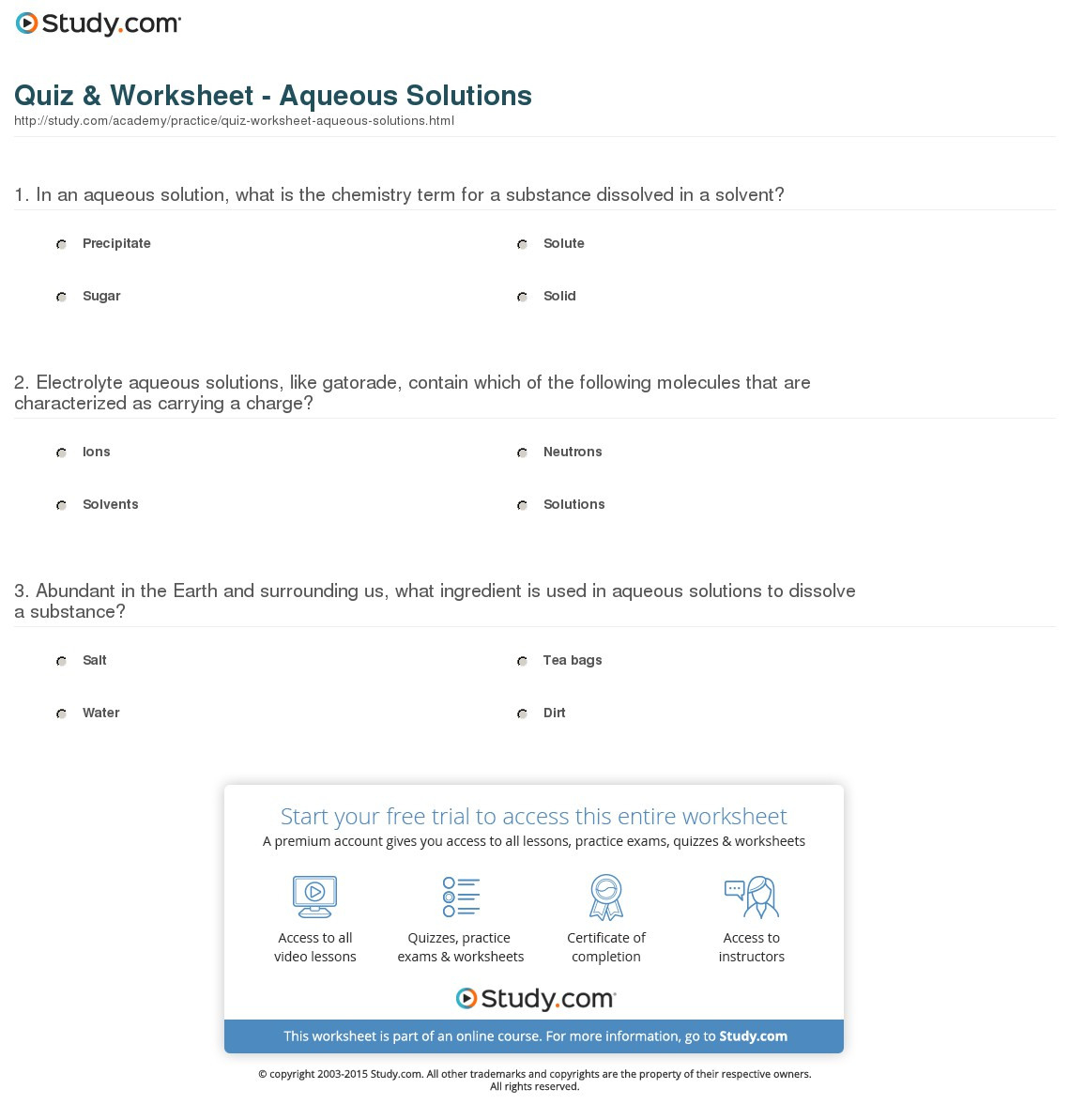 Quiz  Worksheet  Aqueous Solutions  Study