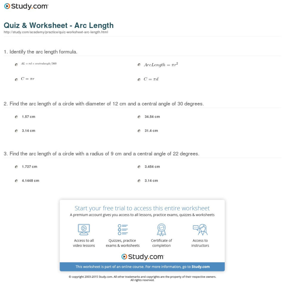 Quiz  Worksheet  Arc Length  Study