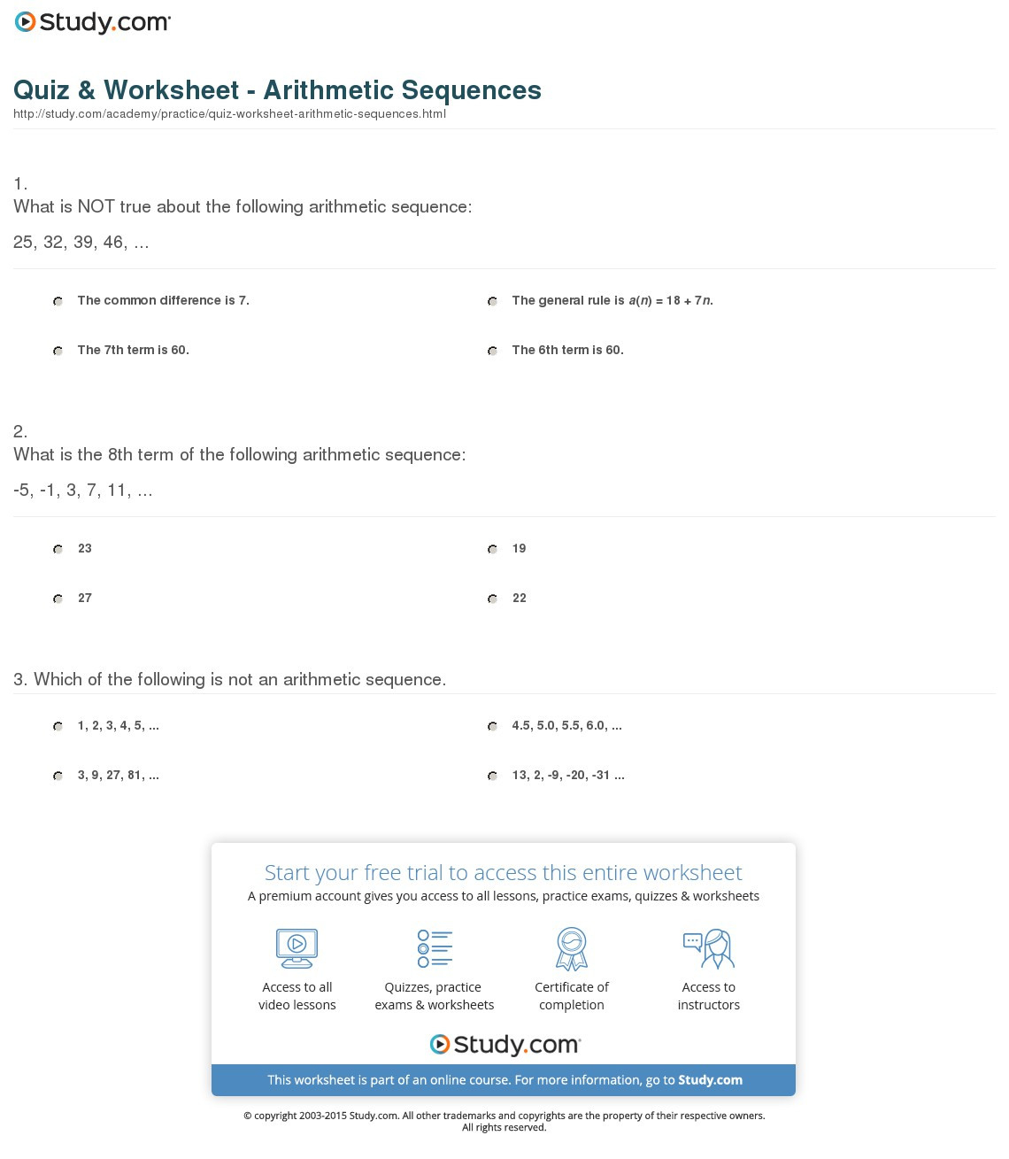 Quiz  Worksheet  Arithmetic Sequences  Study