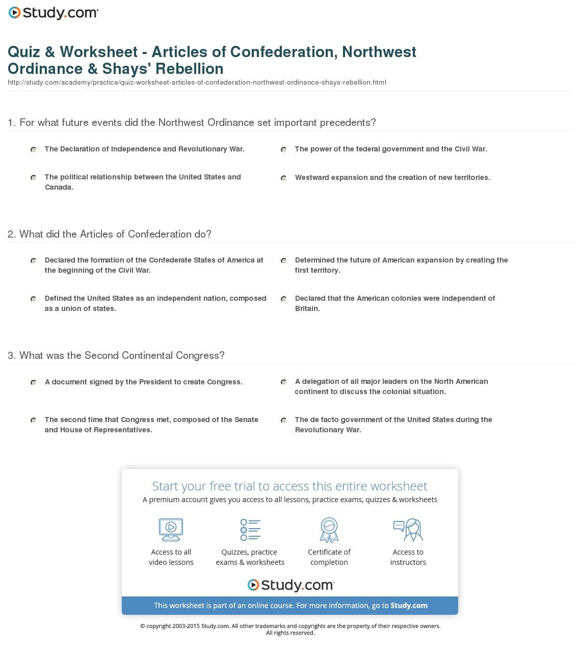 Quiz  Worksheet  Articles Of Confederation Northwest