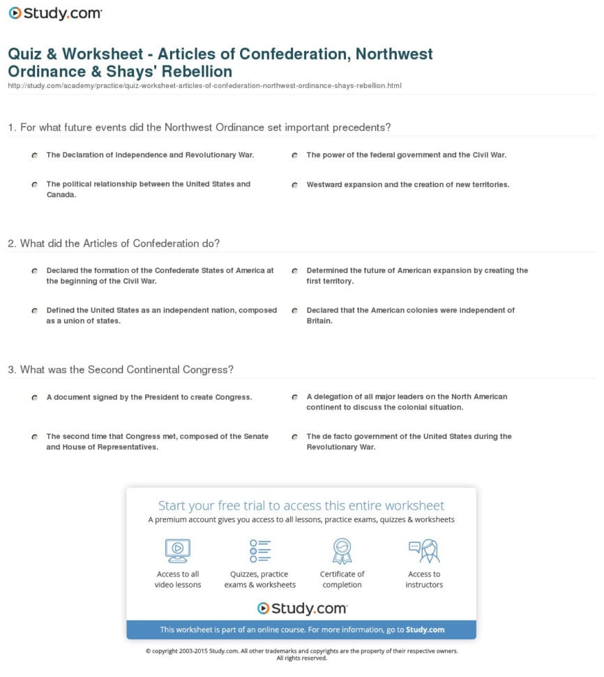 Quiz  Worksheet  Articles Of Confederation Northwest