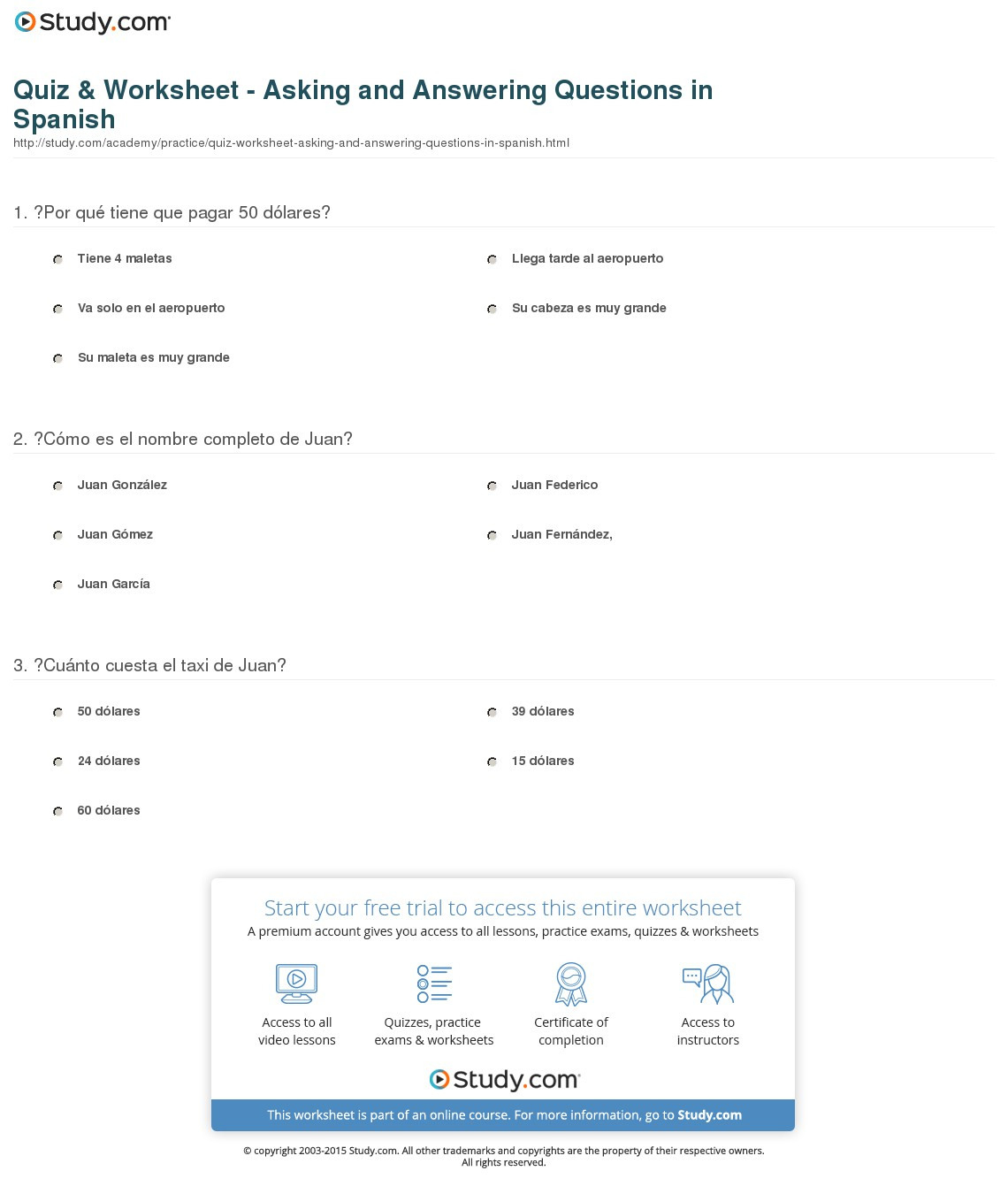 Quiz  Worksheet  Asking And Answering Questions In Spanish