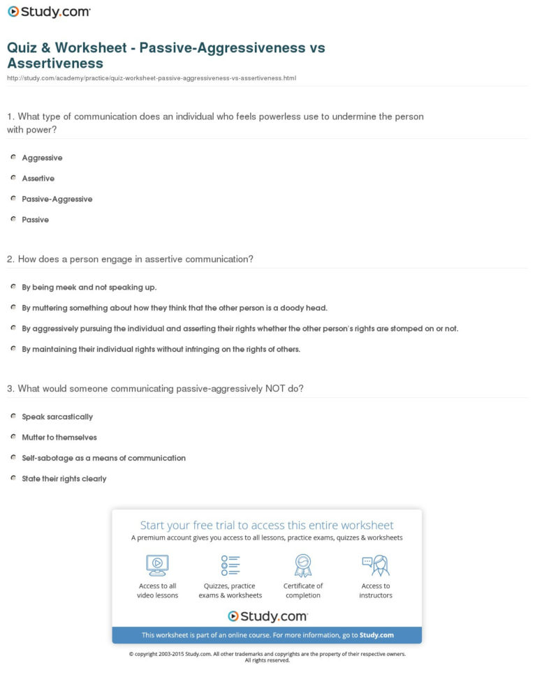 Quiz Worksheet Assertiveness Worksheets Writing Linear