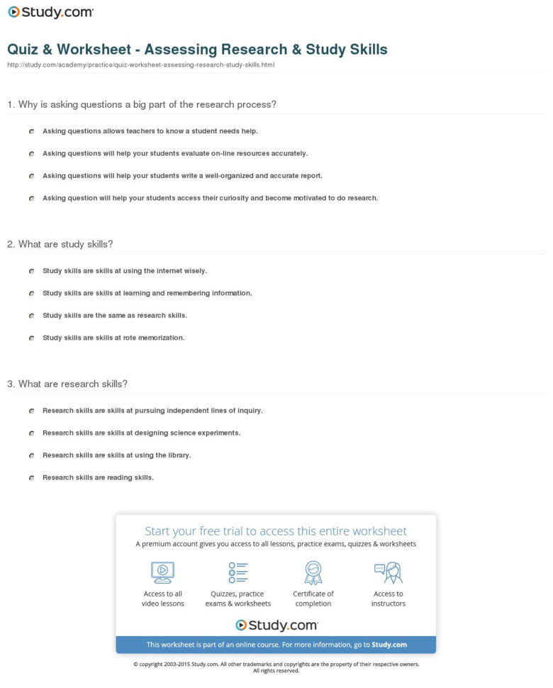 Quiz  Worksheet  Assessing Research  Study Skills  Study