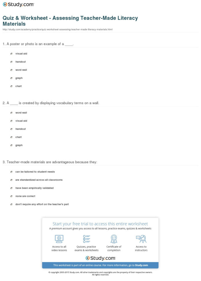Quiz  Worksheet  Assessing Teachermade Literacy Materials