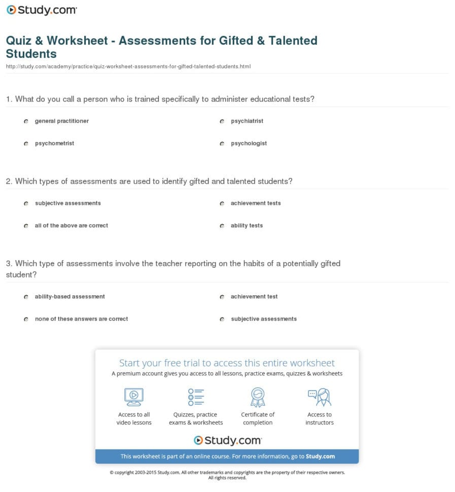 Quiz  Worksheet  Assessments For Gifted  Talented