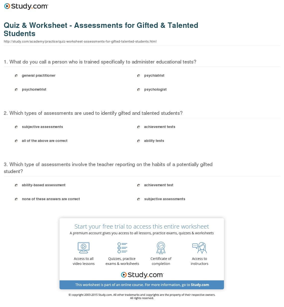 Quiz  Worksheet  Assessments For Gifted  Talented