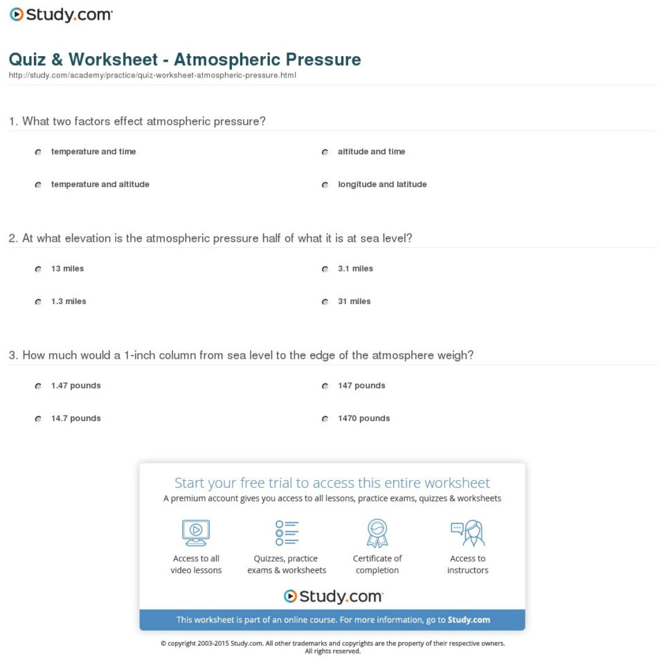Quiz  Worksheet  Atmospheric Pressure  Study