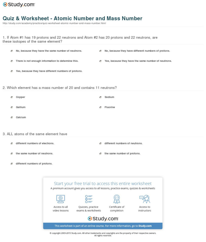 Quiz  Worksheet  Atomic Number And Mass Number  Study
