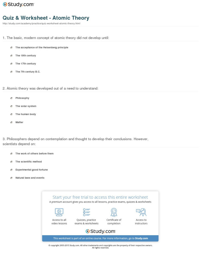 Quiz  Worksheet  Atomic Theory  Study