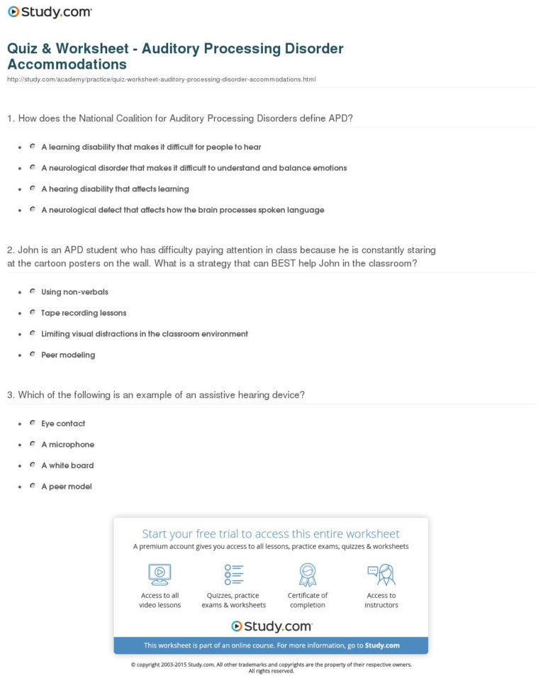 Quiz  Worksheet  Auditory Ing Disorder