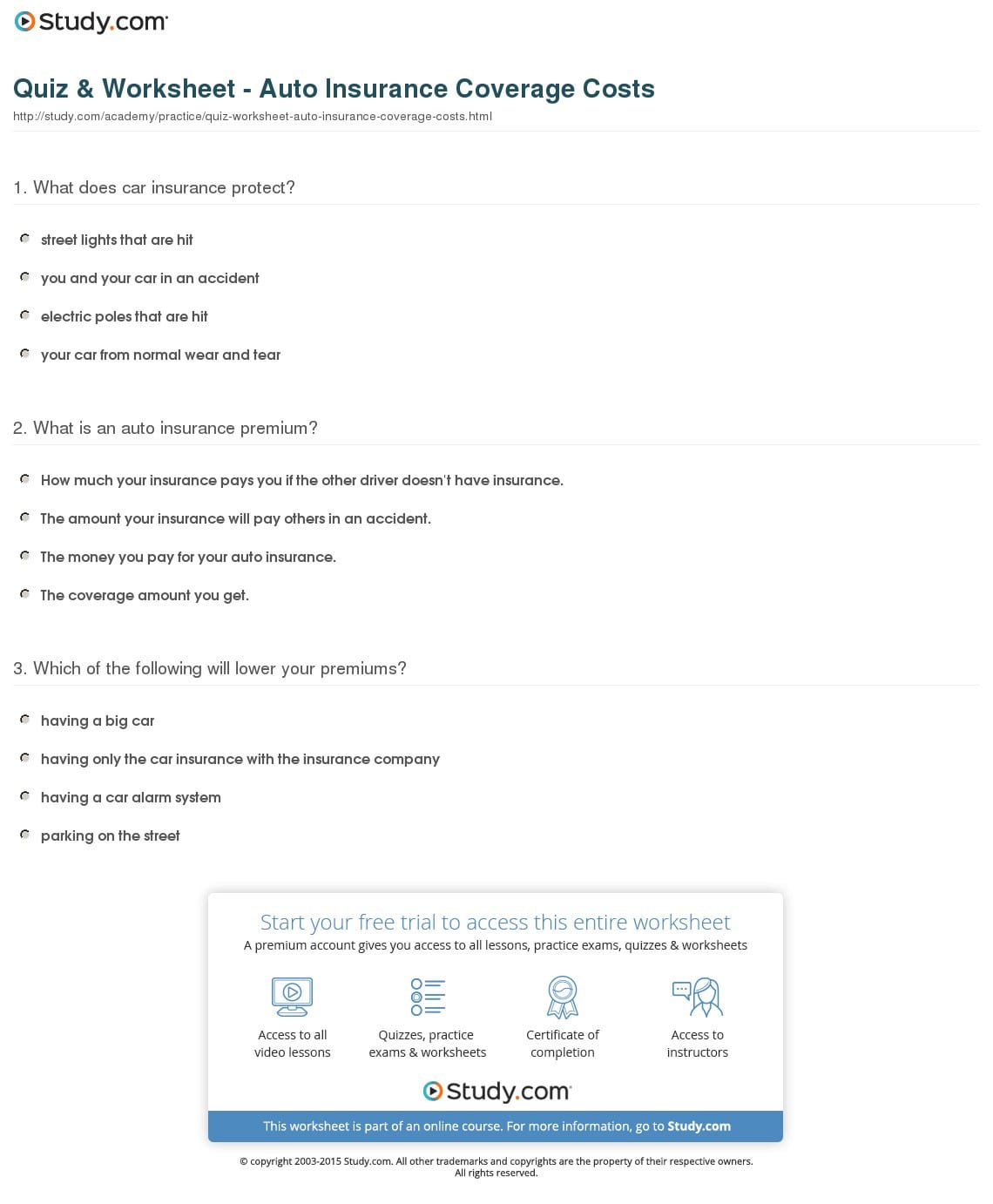 Auto Insurance Worksheet For Students Db excel