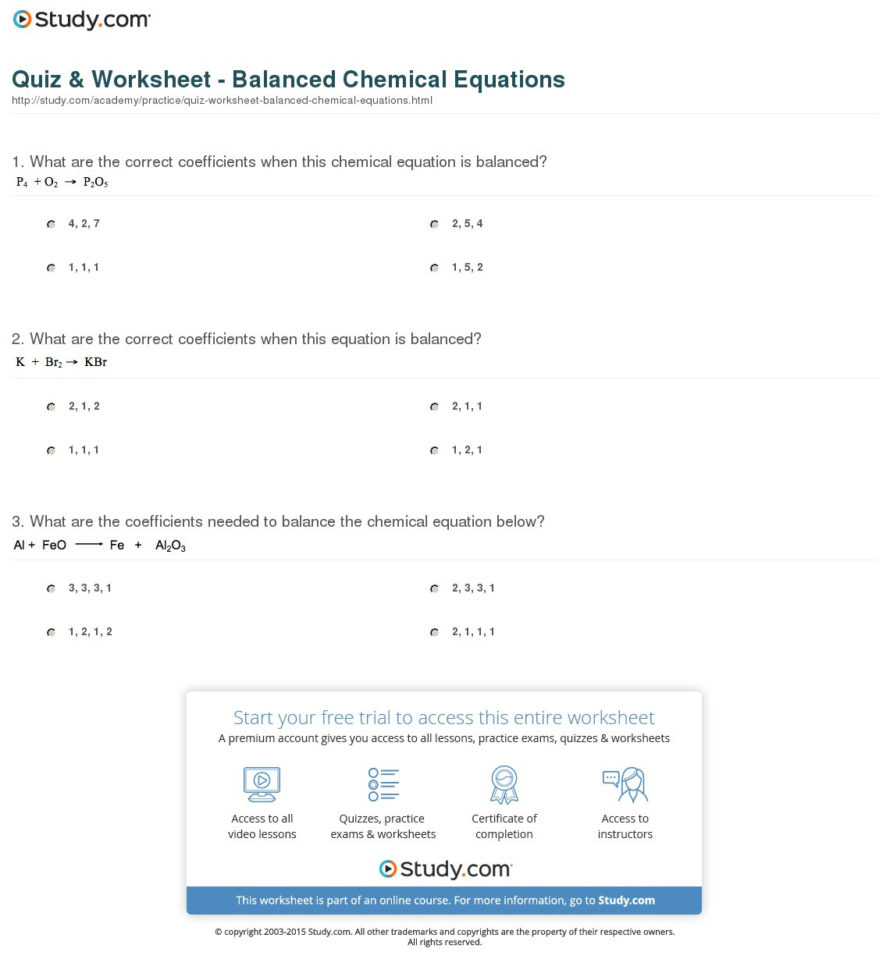 Quiz  Worksheet  Balanced Chemical Equations  Study