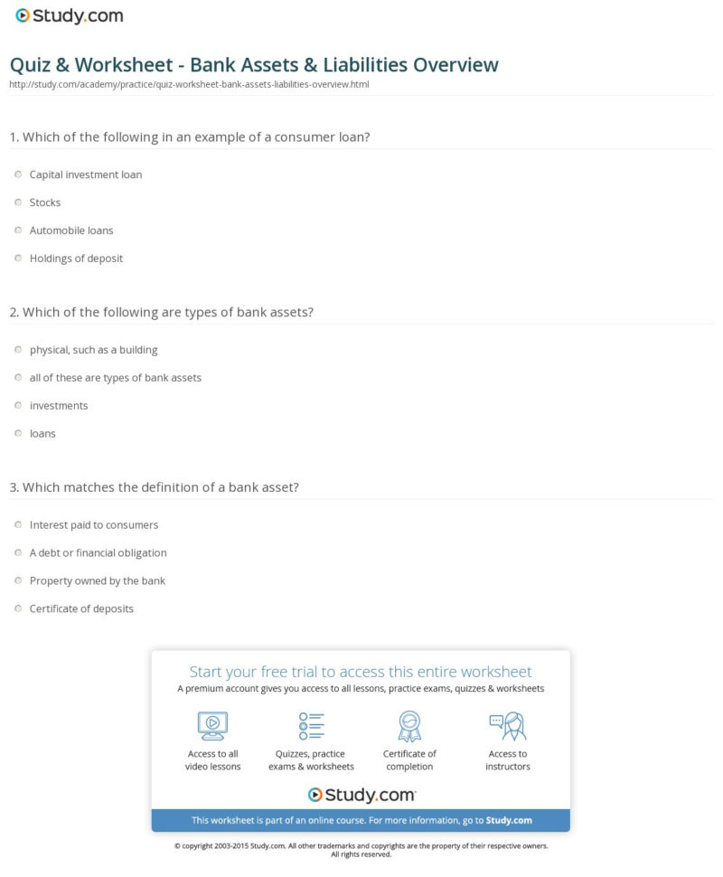 Quiz  Worksheet  Bank Assets  Liabilities Overview