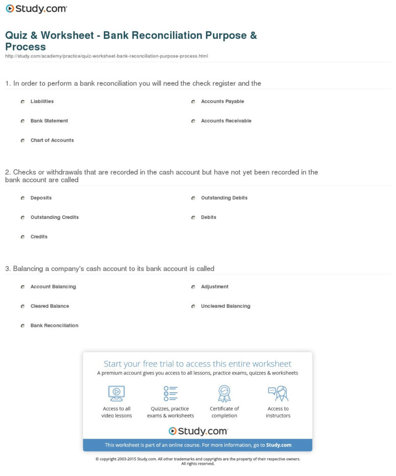 Quiz  Worksheet  Bank Reconciliation Purpose