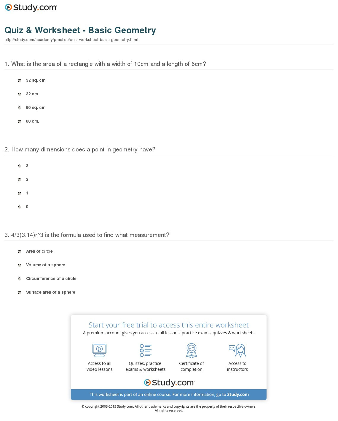 Quiz  Worksheet  Basic Geometry  Study