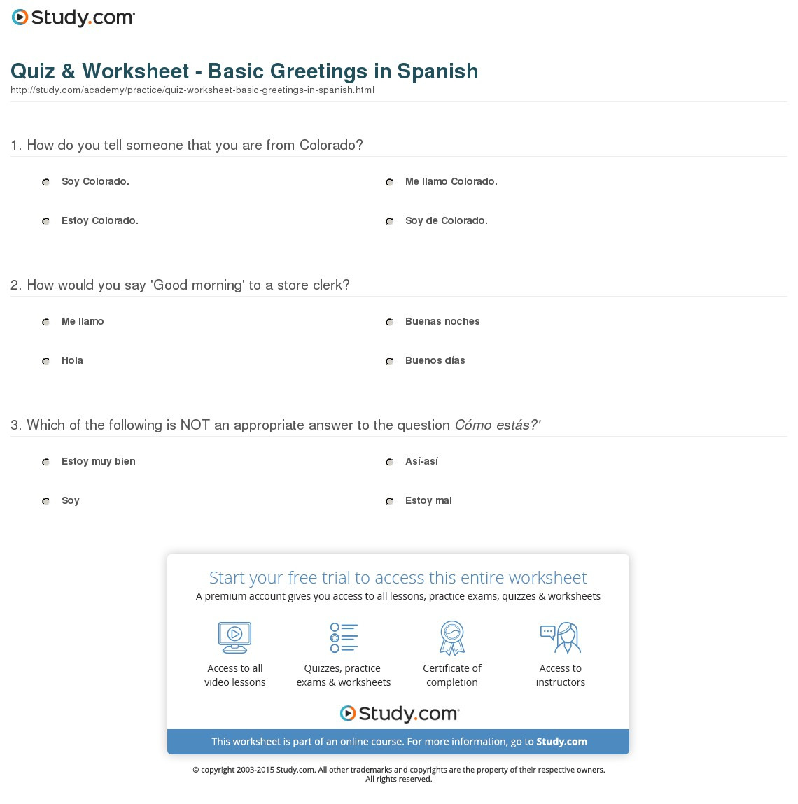 Quiz  Worksheet  Basic Greetings In Spanish  Study