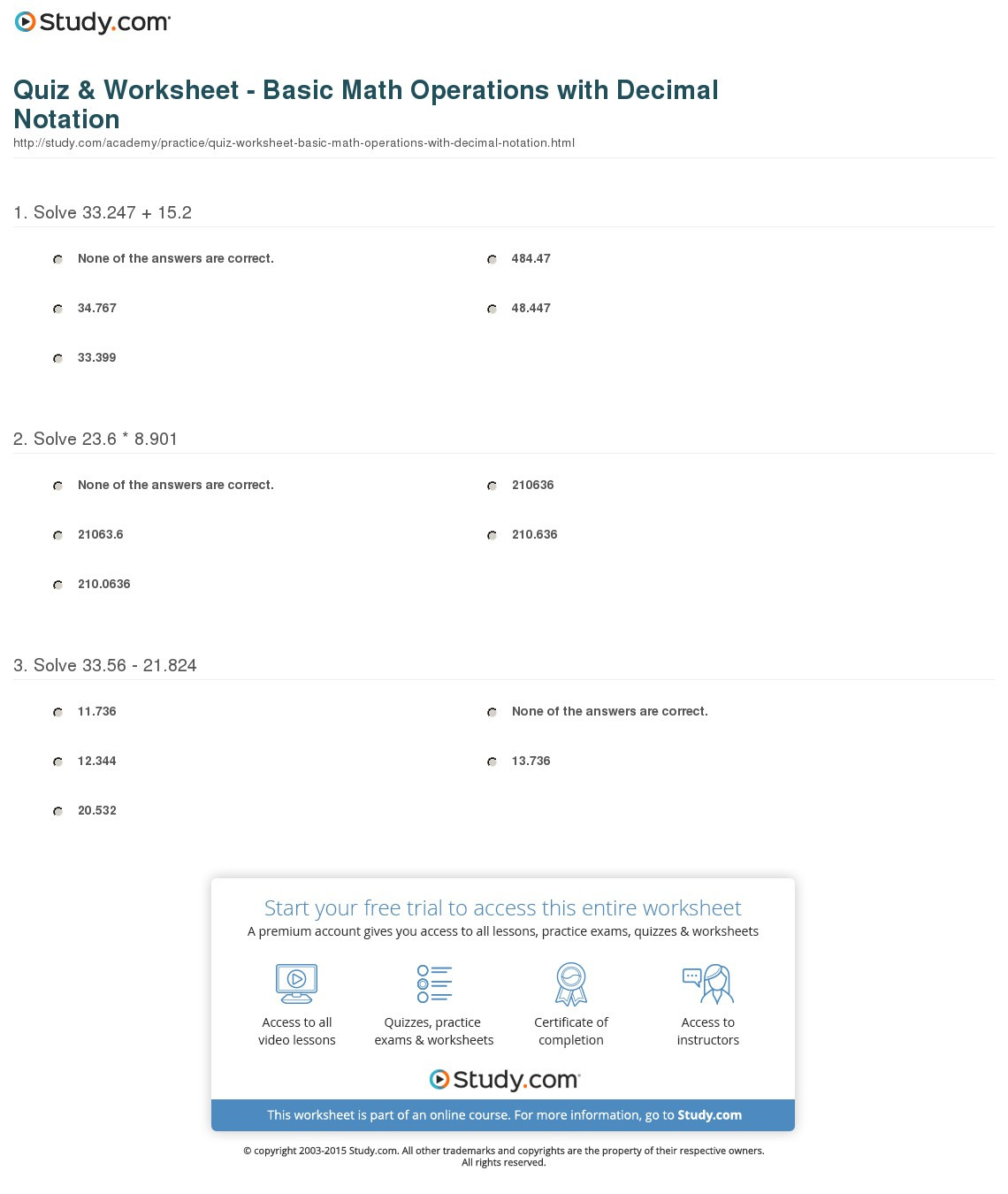 Quiz  Worksheet  Basic Math Operations With Decimal