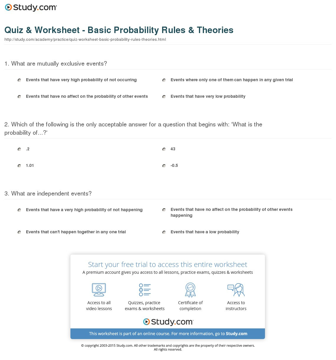 Quiz  Worksheet  Basic Probability Rules  Theories