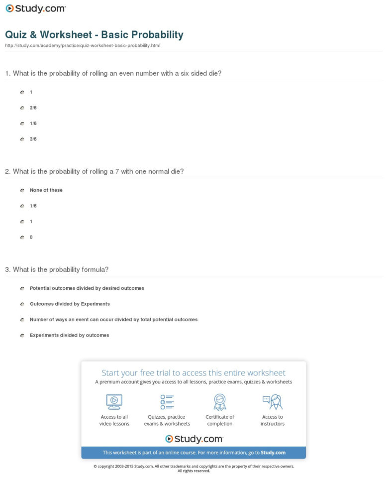 Quiz  Worksheet  Basic Probability  Study